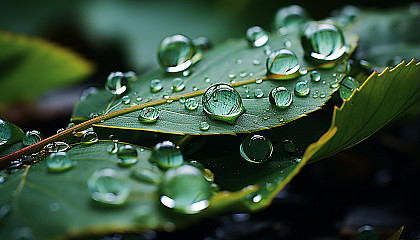 Close-up of a dewdrop magnifying intricate leaf details.