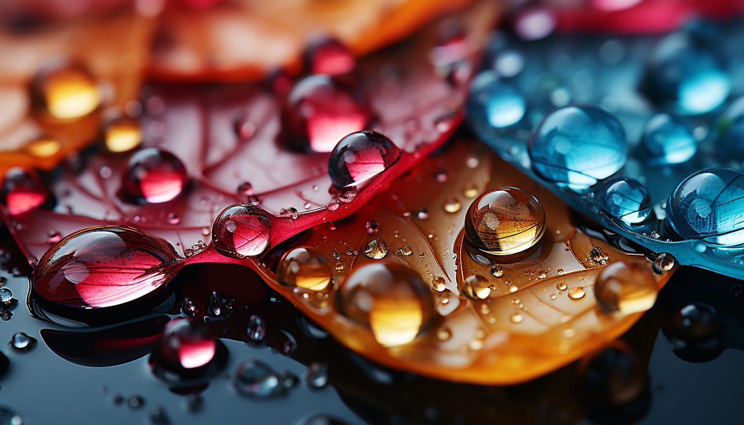 Extreme close-up of dewdrops on a spider's web, reflecting the colors of the morning.