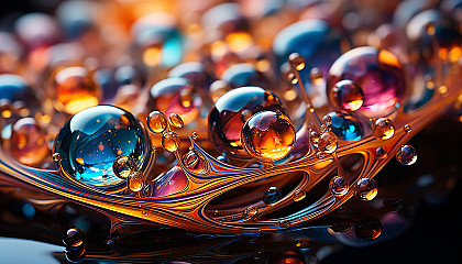 Close-up of iridescent bubbles, displaying a spectrum of colors.