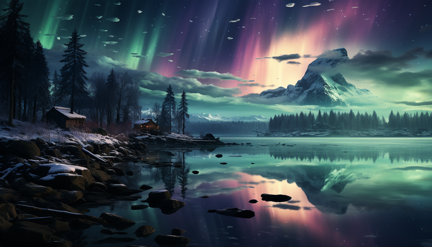 The Northern Lights dancing in the night sky, casting hues of green, pink, and purple.