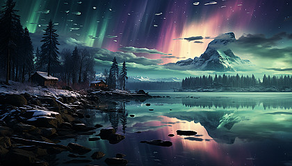 The Northern Lights dancing in the night sky, casting hues of green, pink, and purple.