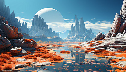 The surface of a distant planet, with unique geological features and colors.