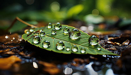 Close-up of a dewdrop on a leaf, reflecting the world within.