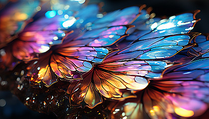 Macro view of iridescent butterfly wings, revealing intricate patterns.