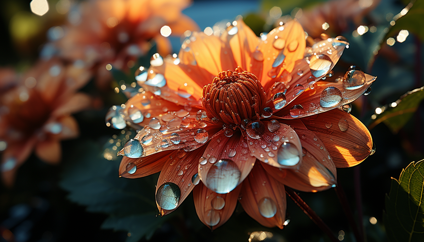 A close-up of dewdrops on a vibrant flower, reflecting the morning sun.