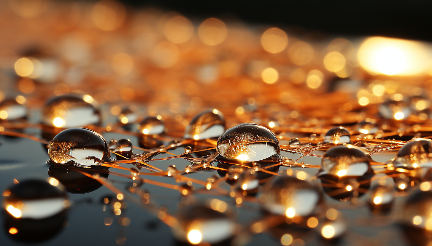 Close-up of dewdrops on a spider's web, reflecting the morning sun.