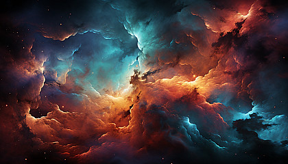 A vivid nebula in space, filled with vibrant hues and celestial formations.