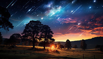 A meteor shower lighting up the night sky with streaks of color.