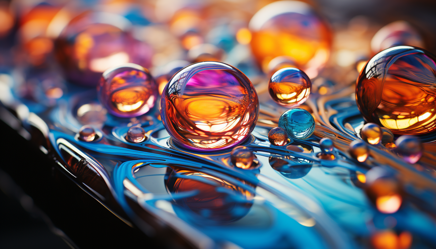 Close-up of iridescent soap bubbles reflecting a kaleidoscope of colors.