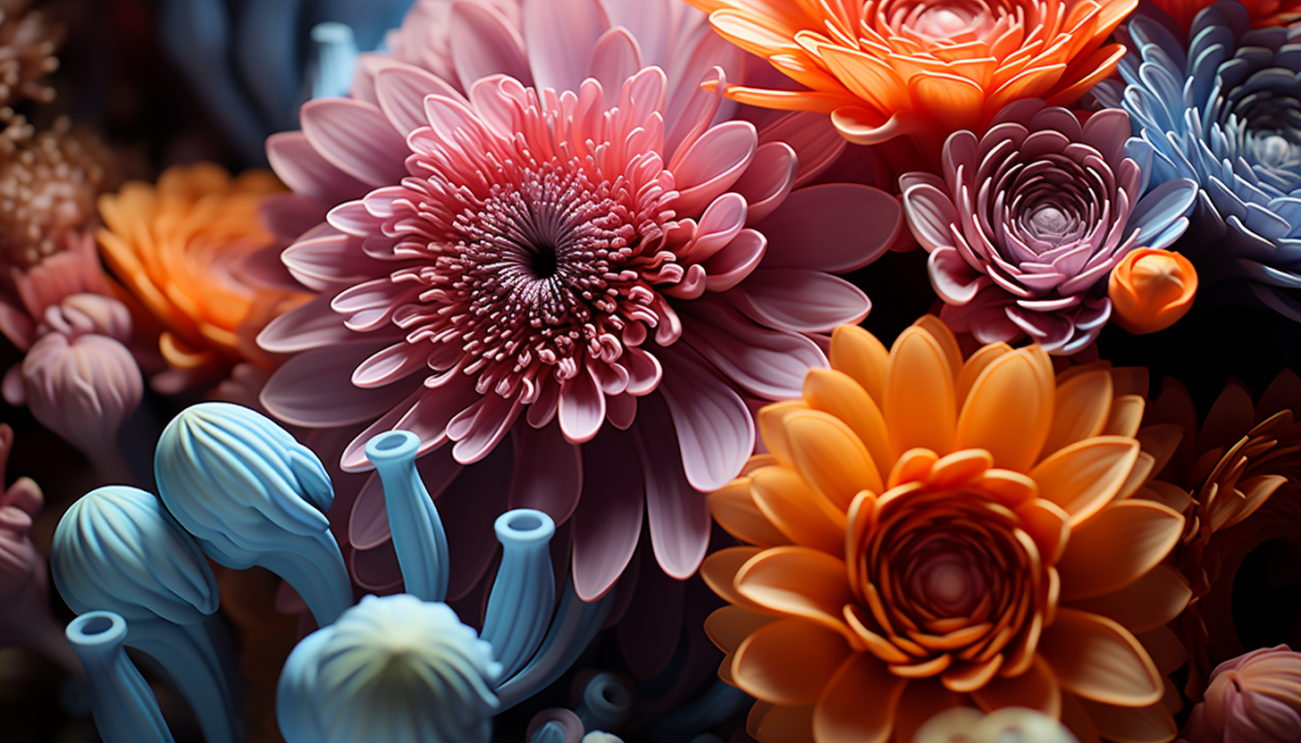 Up-close view of colorful coral or sea anemones, emphasizing texture and form.