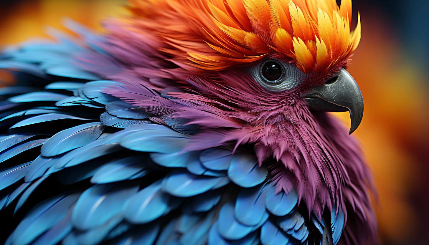 Close-up of colorful feathers on a bird, displaying their delicate structure.