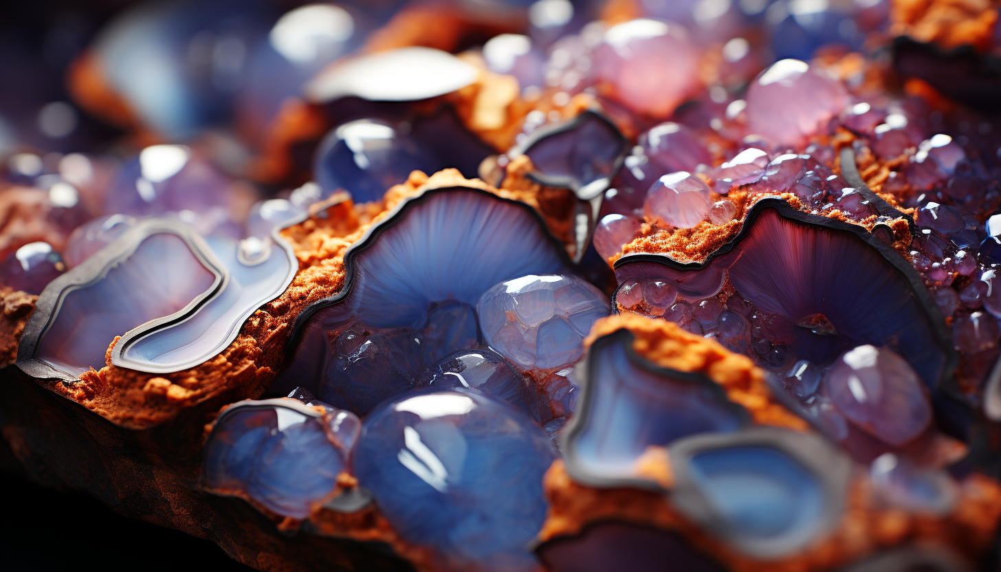 A macro shot of crystalline formations within a geode.