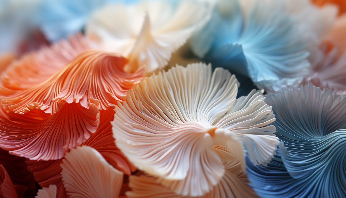 Close-up of the surface of a seashell, revealing its intricate textures and colors.