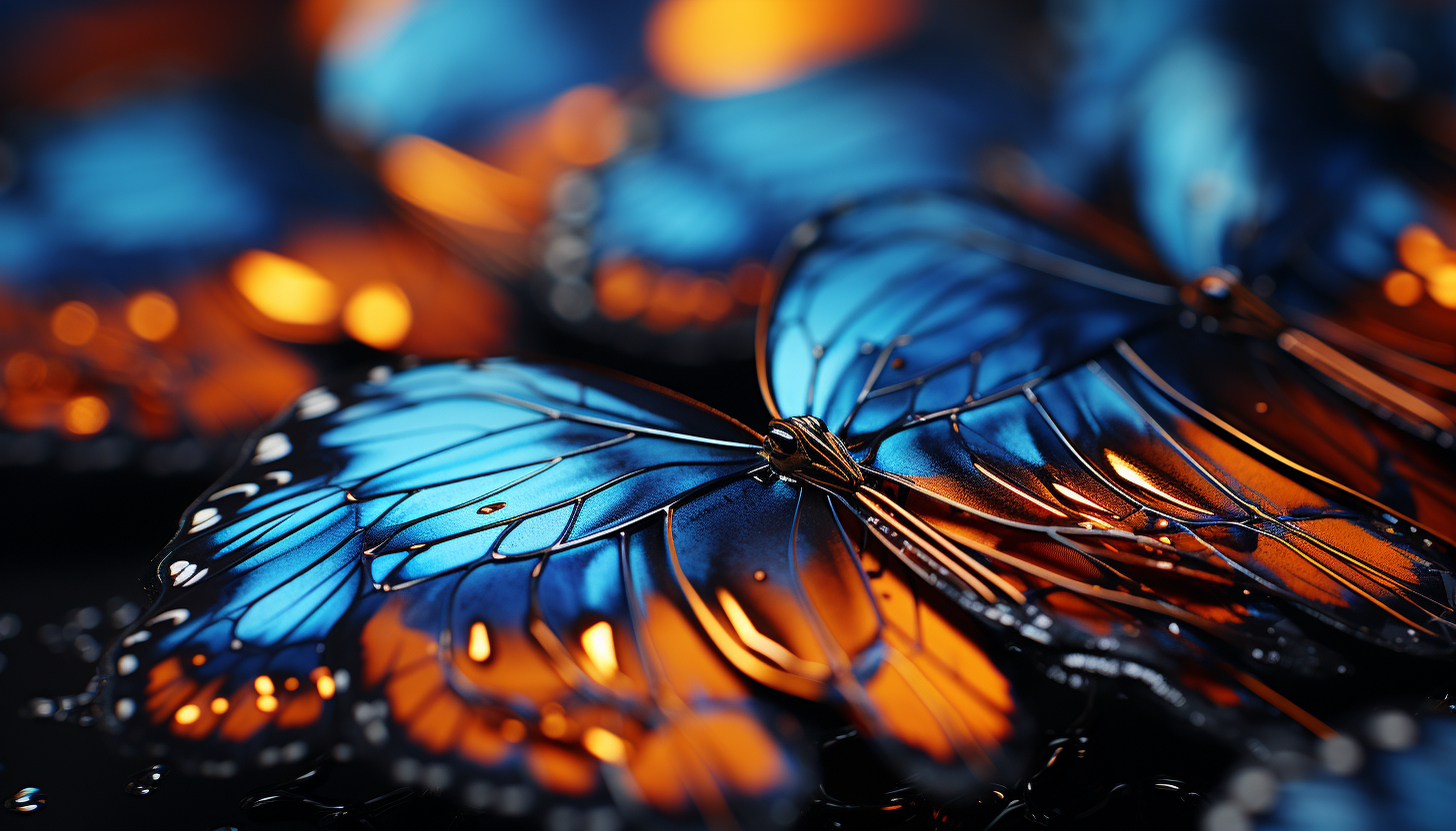 Macro view of a butterfly's wing, showing intricate patterns and colors.