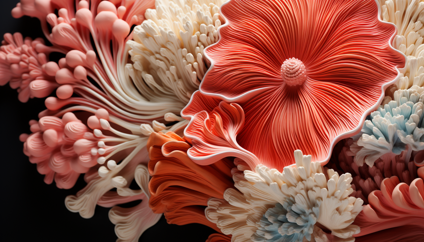 The detailed texture and colors of a piece of coral or seashell.