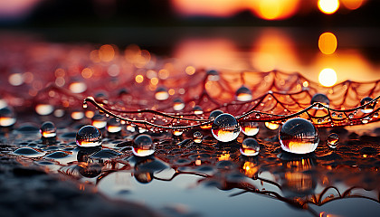 A close-up of dewdrops on a spiderweb, reflecting the colors of dawn.