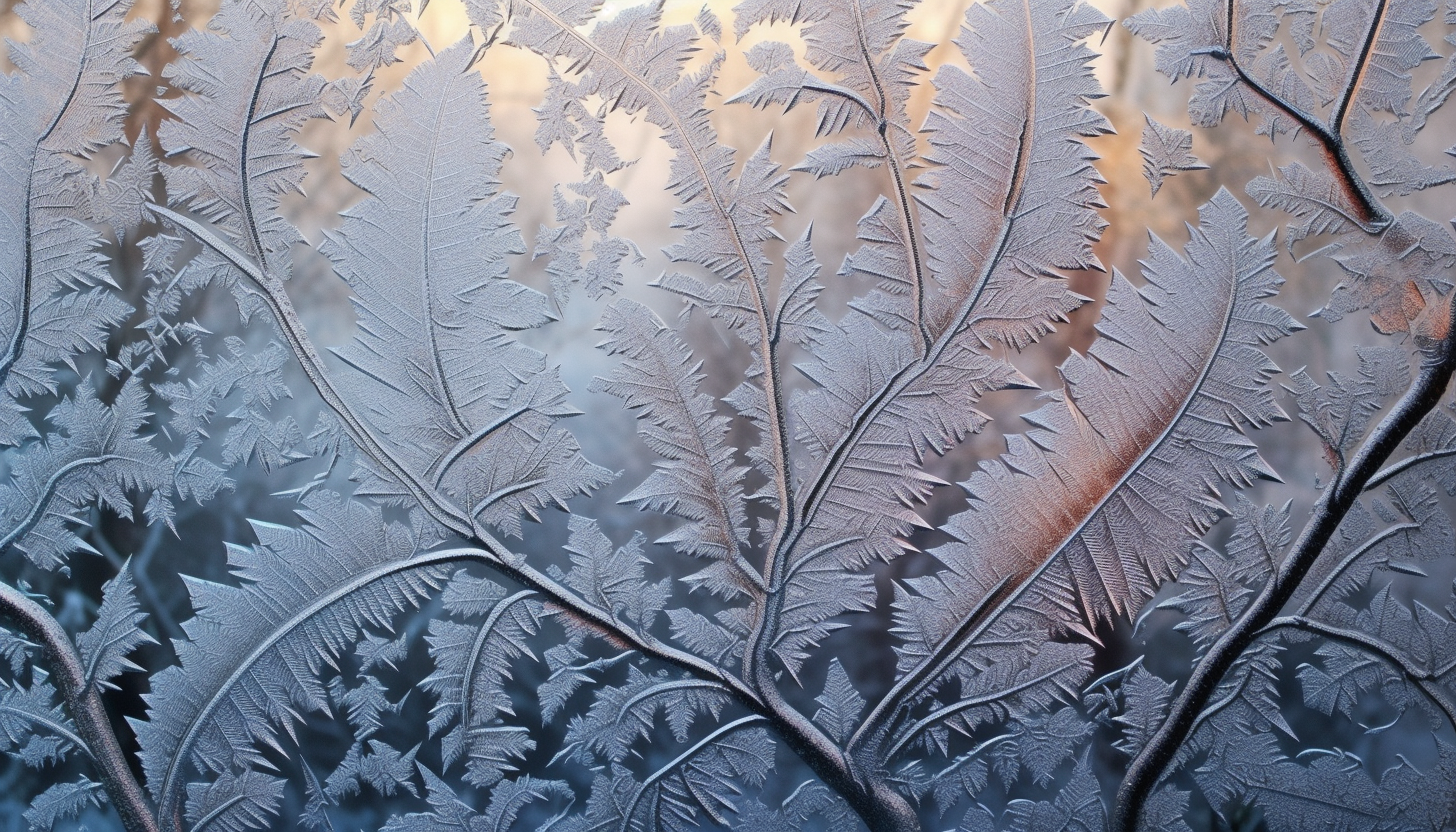 Frost patterns delicately tracing over a window on a cold winter morning.