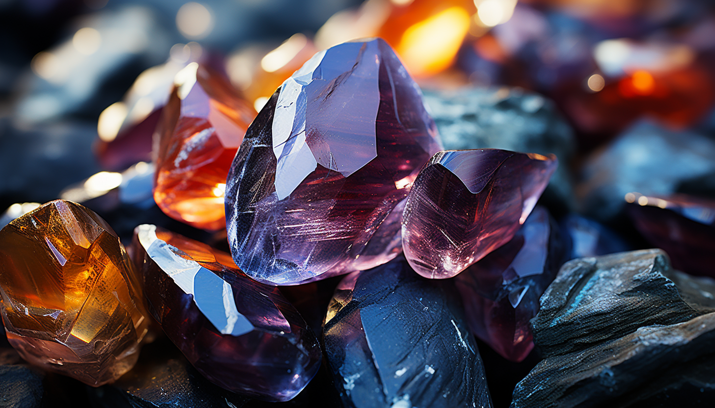 A close-up of crystals forming in a colorful mineral rock.