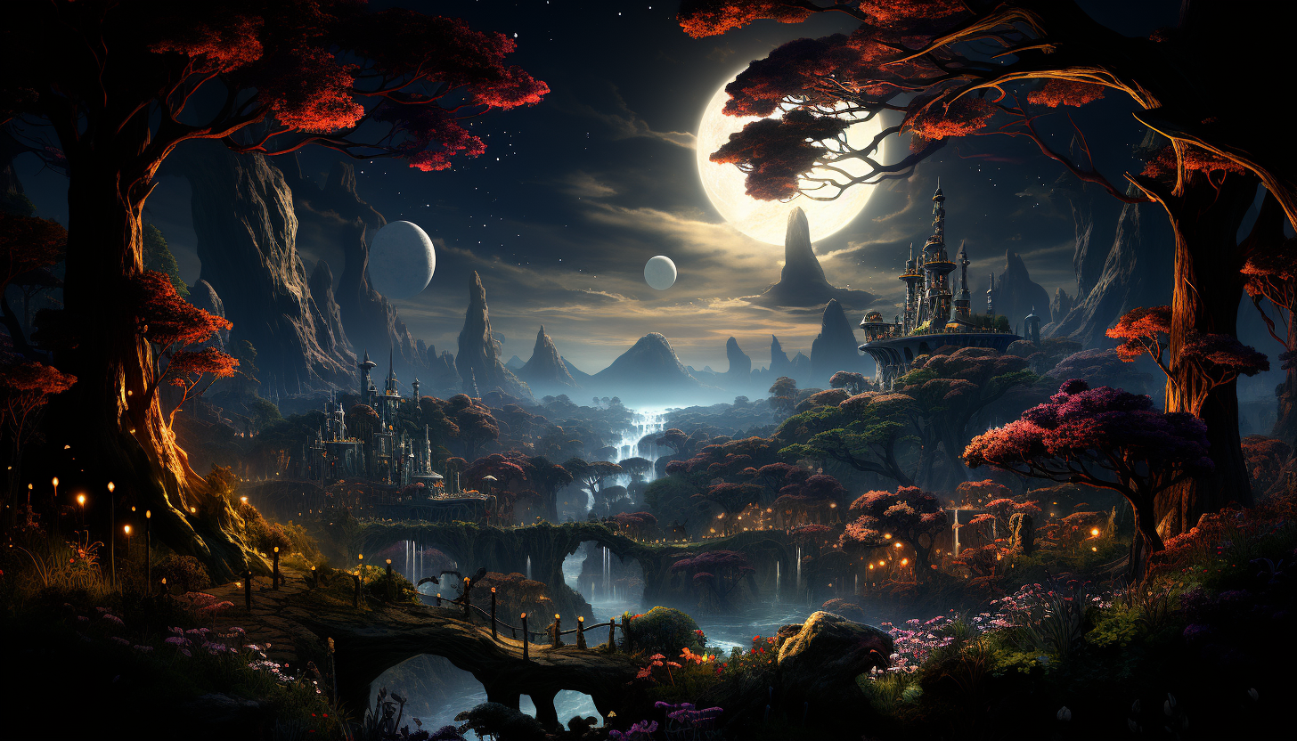 An alien landscape from a distant galaxy, filled with fantastical flora.