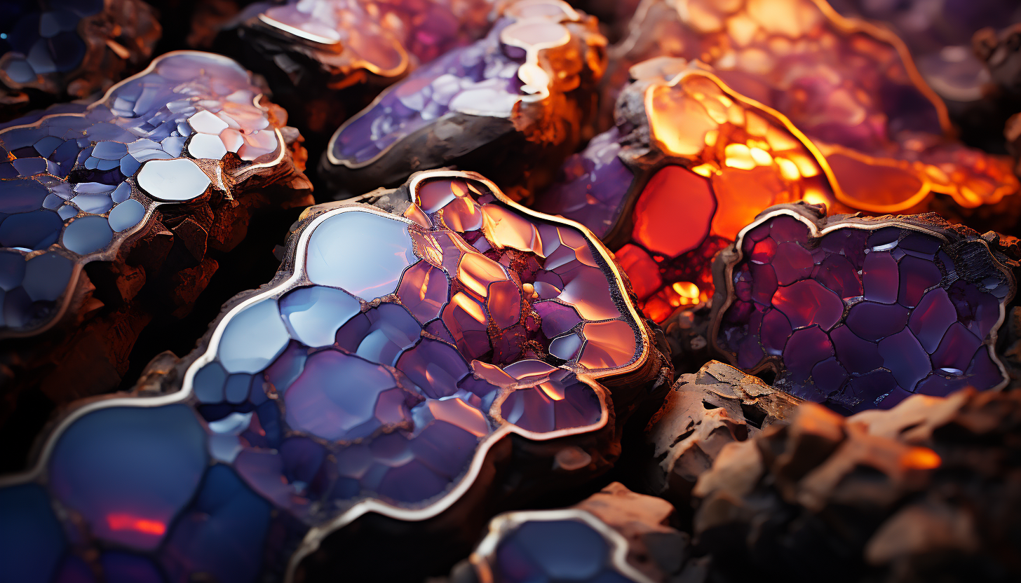 A macro view of crystalline formations in a geode, reflecting light in vibrant hues.