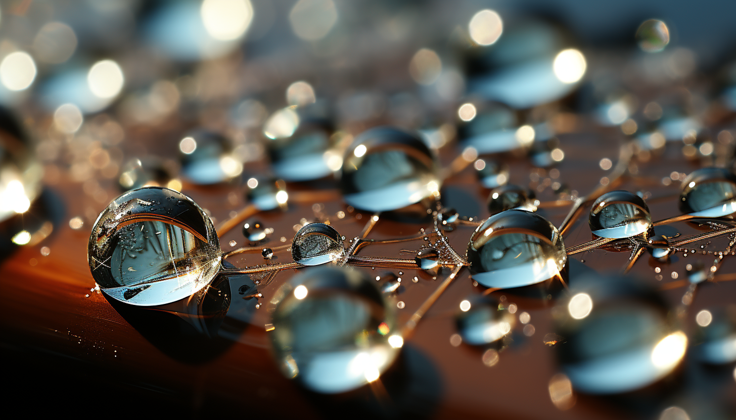 Close-up of dew drops on a spider's web, reflecting the morning sun.