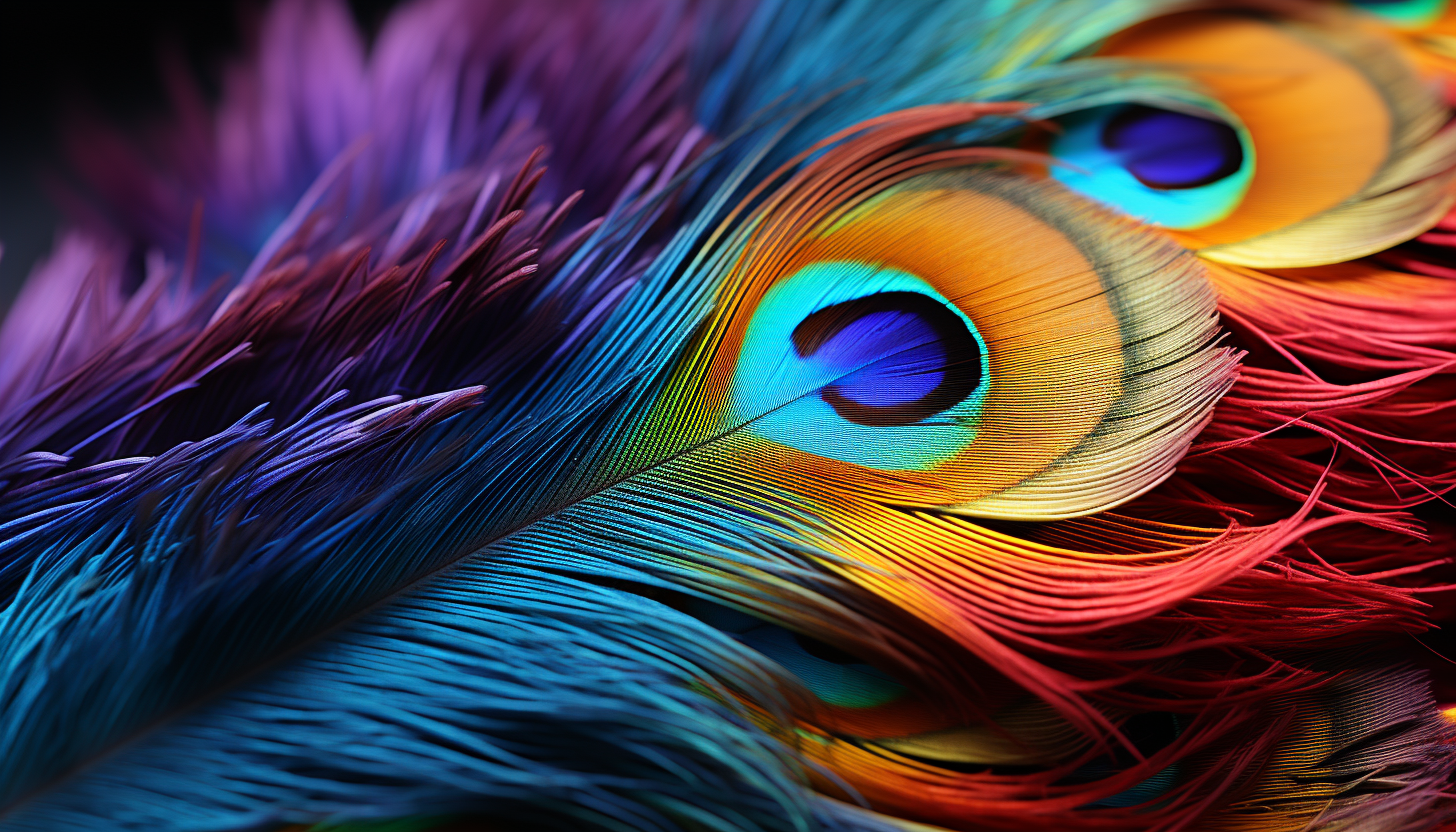 Close-up of a peacock feather, showcasing iridescent colors and patterns.