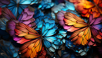 A close-up of colorful butterfly wings, showcasing intricate patterns.