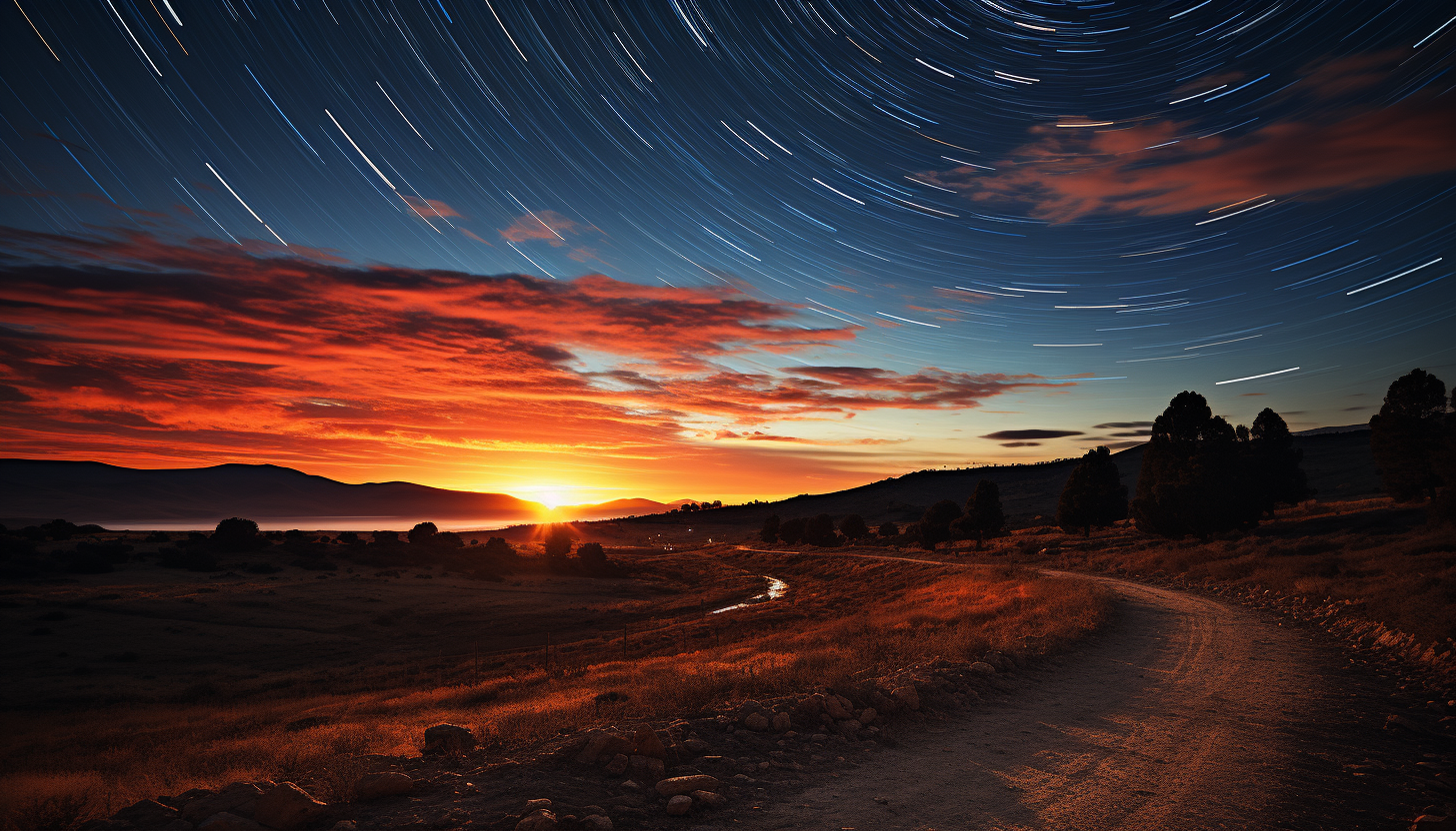 Star trails circling around the North Star over a dark landscape.