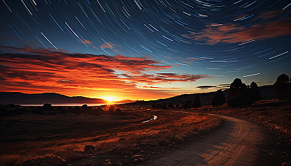 Star trails circling around the North Star over a dark landscape.
