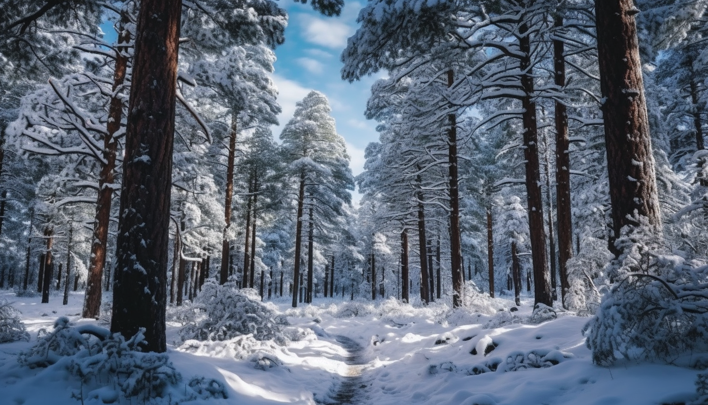 Snow-capped pine trees in a silent winter forest.