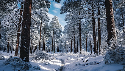 Snow-capped pine trees in a silent winter forest.