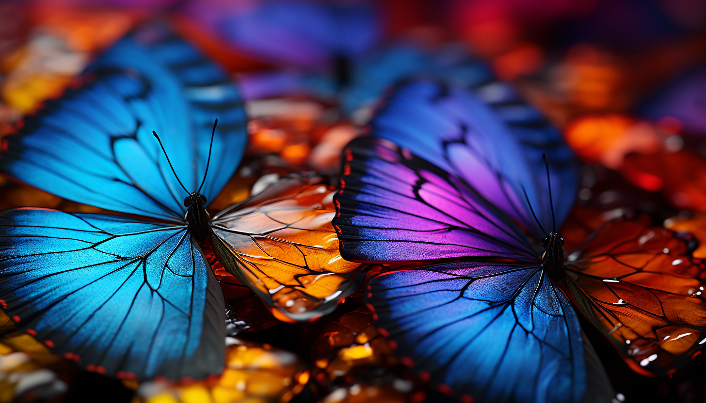 Macro view of butterfly wings displaying intricate patterns and vivid hues.