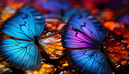 Macro view of butterfly wings displaying intricate patterns and vivid hues.
