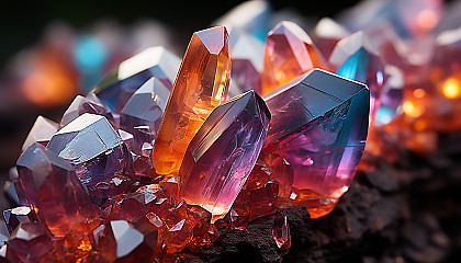 Macro image of a crystal, displaying its complex structure and rainbow reflections.