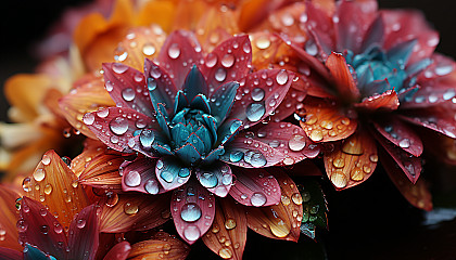 Extreme close-up of dewdrops on a vibrant flower petal.
