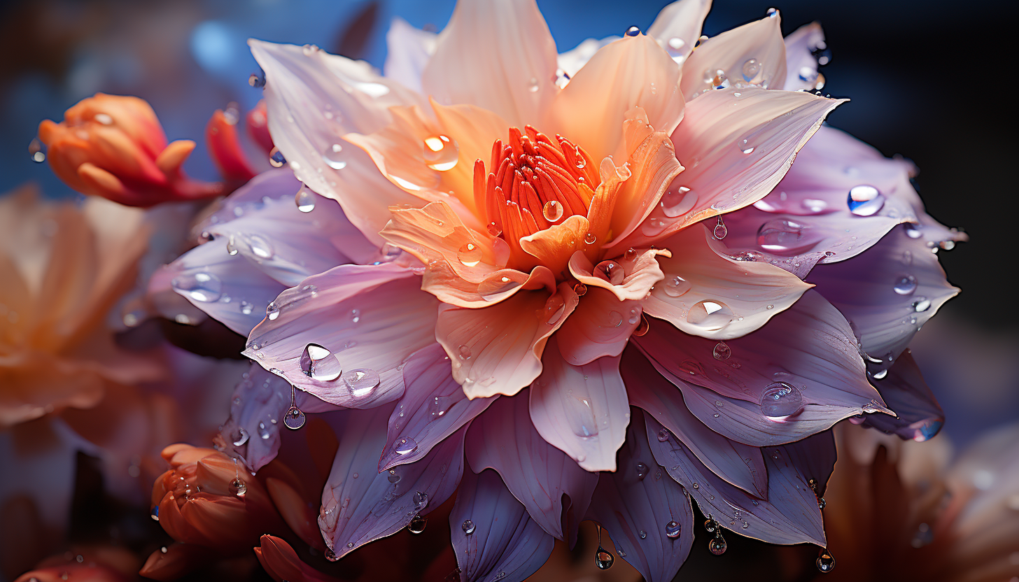 Extreme close-up of a blooming flower, revealing its textures and hues.