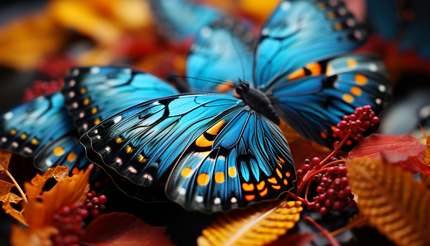 Close-up of butterfly wings revealing intricate patterns and vivid colors.