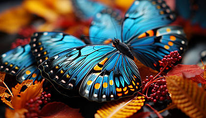 Close-up of butterfly wings revealing intricate patterns and vivid colors.