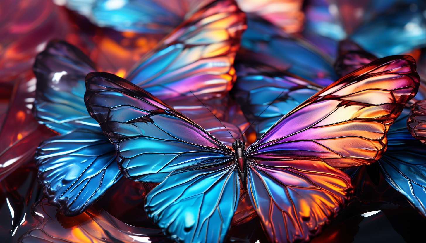 Close-up of iridescent butterfly wings displaying an array of hues.