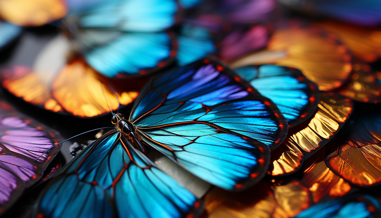 Vivid macro shot of butterfly wings showcasing intricate patterns and textures.