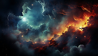 Nebulae in space, with clouds of color and star formations.