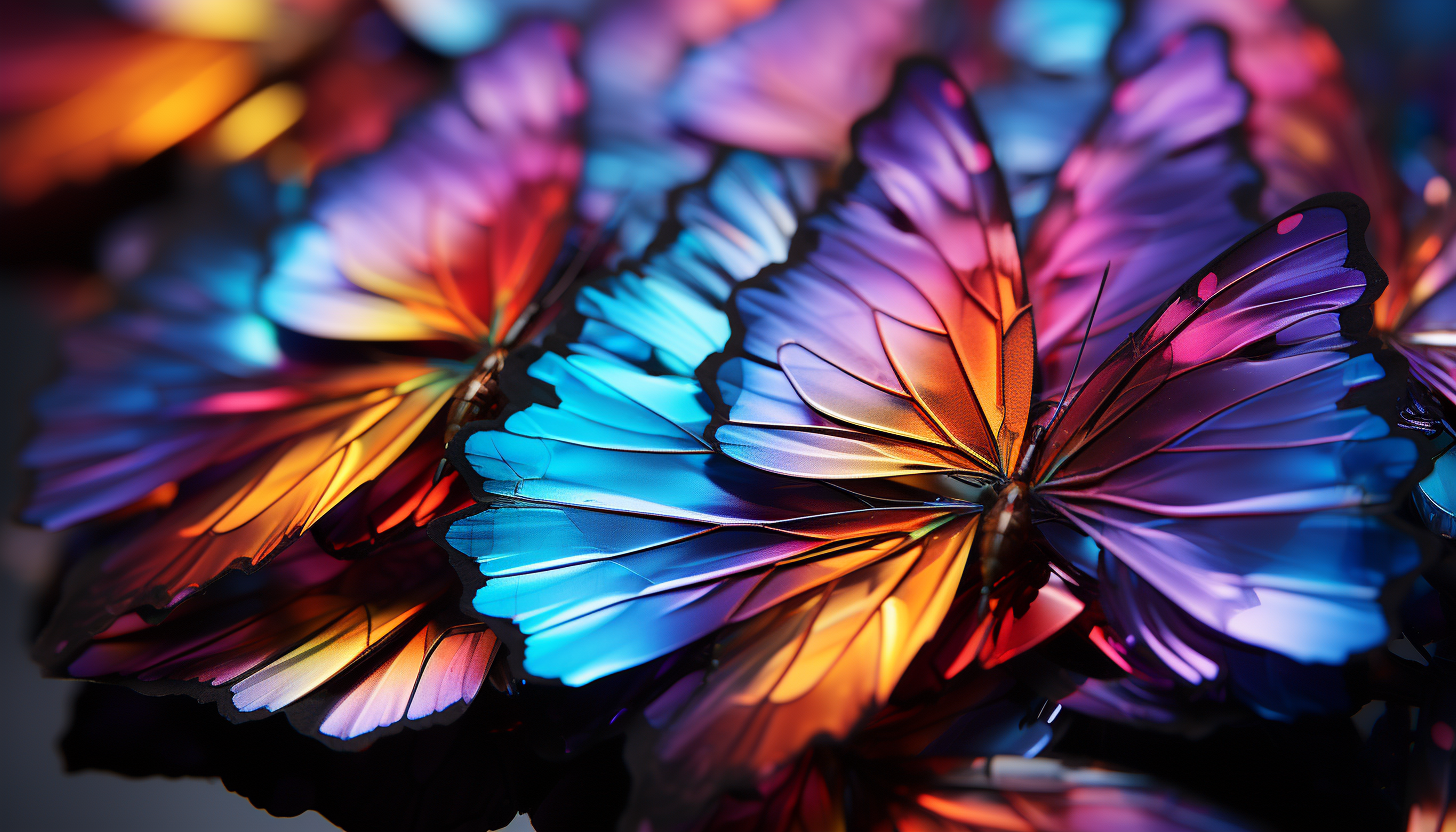 Macro shot of iridescent butterfly wings displaying a spectrum of colors.