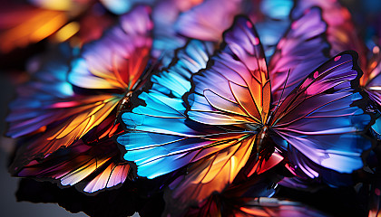 Macro shot of iridescent butterfly wings displaying a spectrum of colors.