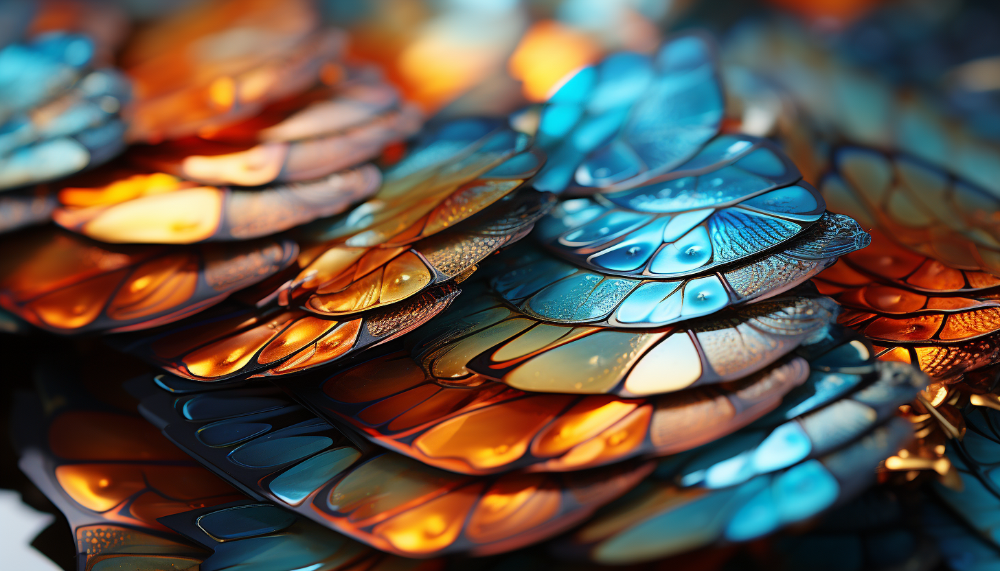 An extreme close-up of a butterfly wing, showcasing intricate patterns and colors.