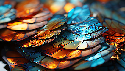 An extreme close-up of a butterfly wing, showcasing intricate patterns and colors.