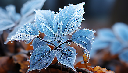 A macro view of frost forming unique designs on a leaf or window.