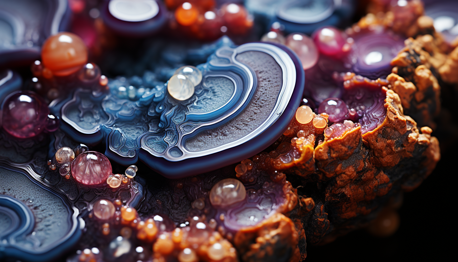 A macro view of crystalline structures in a geode, reflecting vibrant hues.