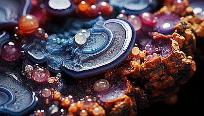 A macro view of crystalline structures in a geode, reflecting vibrant hues.