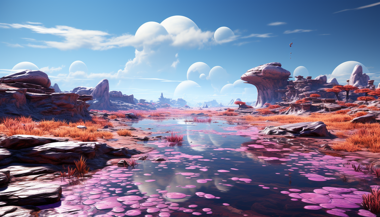 The surface of a distant planet, with unique geological features and colors.