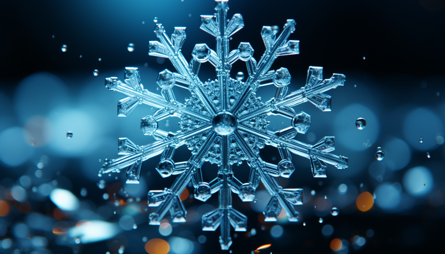 The complex structure of a snowflake, captured in a macro photograph.